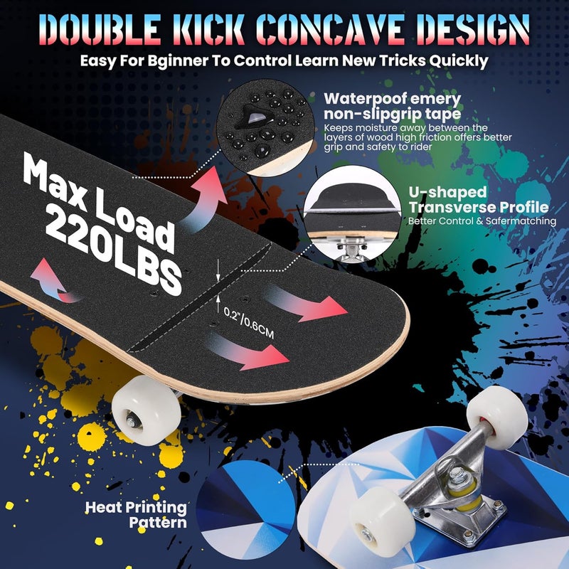 Anysun Pro Complete Skateboards for Beginners Girls Boys Kids Youths Teens Adults 31"x8" Skate Boards 7 Layers Canadian Maple Double Kick Deck Concave Longboard - Image 5